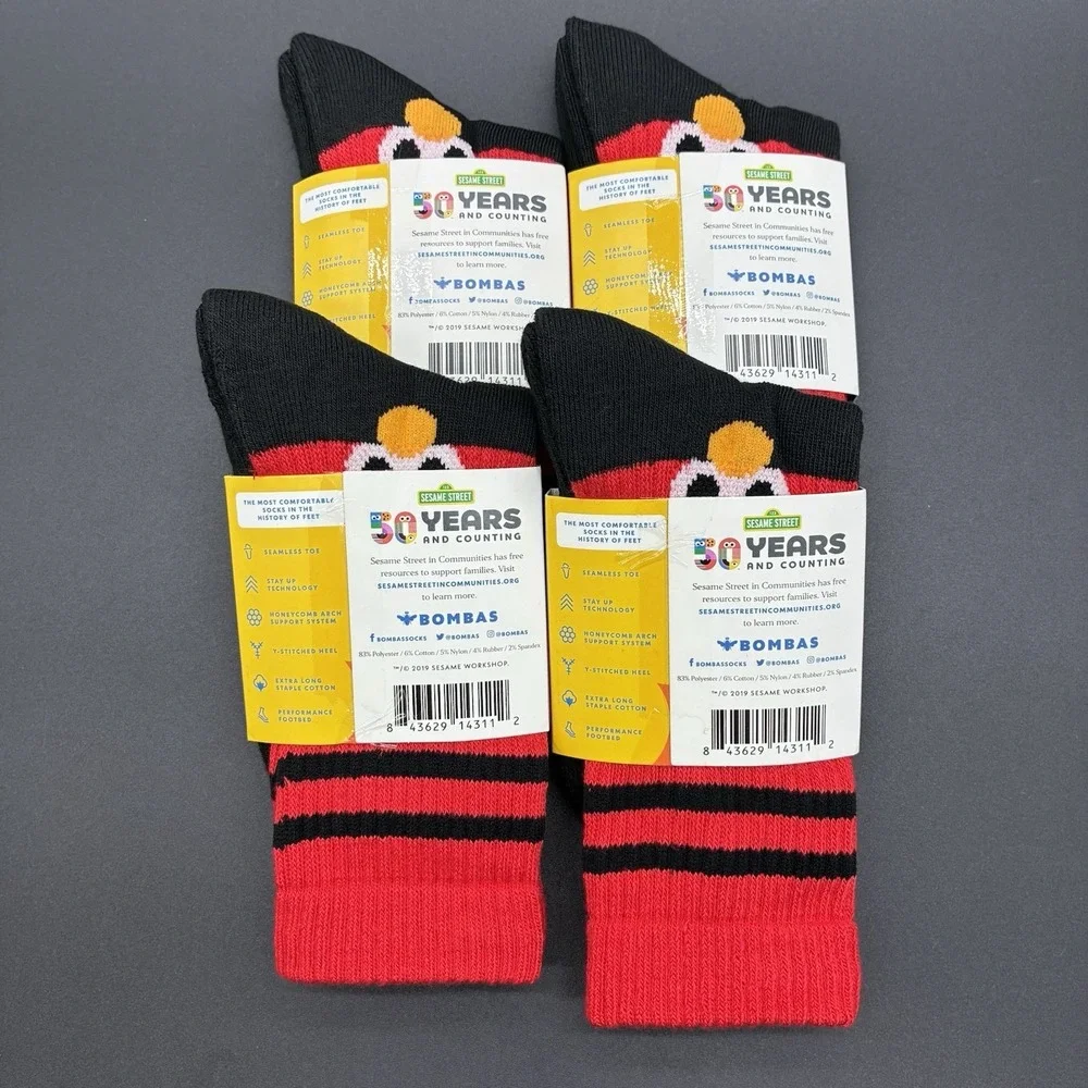 Bombas x Sesame Street Elmo Youth Crew Socks Lot of 4 Pairs Black Red NWT